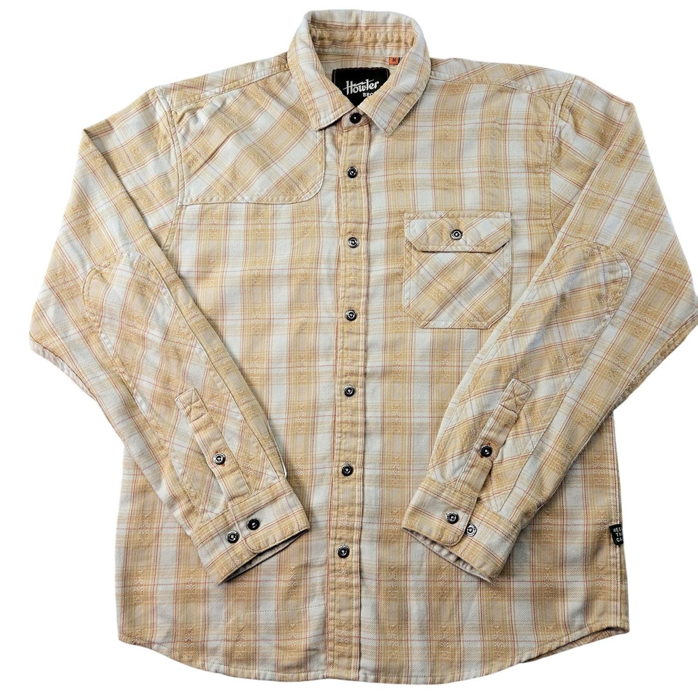 Howler Bros Shirt Mens M Beige Plaid‎ Long Sleeve Button Up Twill Pockets Casual